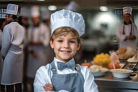 Portrait of smiling boy standing with arms crossed in a commercial kitchenの素材