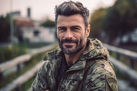Portrait of a handsome bearded man in a military jacket outdoors.の素材