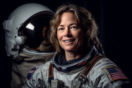 Portrait of mature woman cosmonaut in spacesuit against dark backgroundの素材