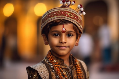 Portrait of a cute little Indian boy wearing traditional clothes and smilingの素材
