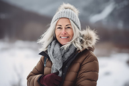 Beautiful middle-aged woman in a hat and coat on a background of snowy mountainsの素材