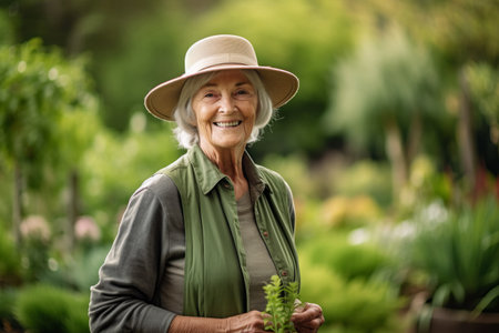 Portrait of smiling senior woman in hat standing in garden at homeの素材