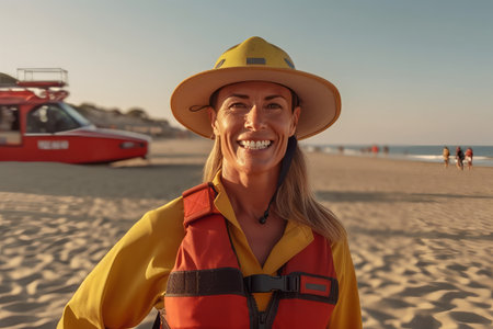Portrait of a smiling woman in life jacket and hat on the beachの素材