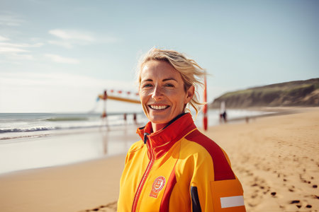 Portrait of smiling woman wearing life jacket standing on beach during sunny dayの素材