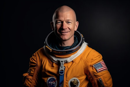 Portrait of an astronaut in an orange suit on a dark backgroundの素材