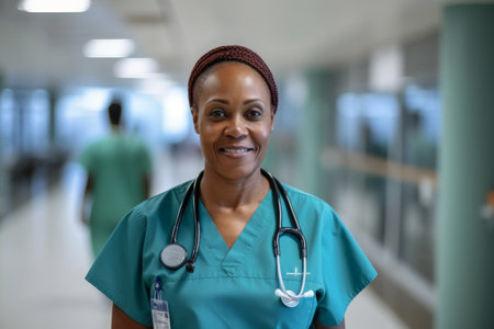 Portrait of smiling african american nurse standing in corridor at hospitalの素材