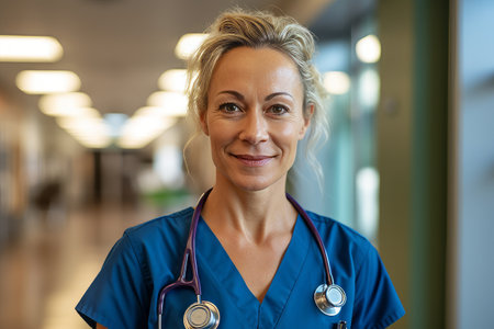 Portrait of smiling female doctor with stethoscope in hospital corridorの素材