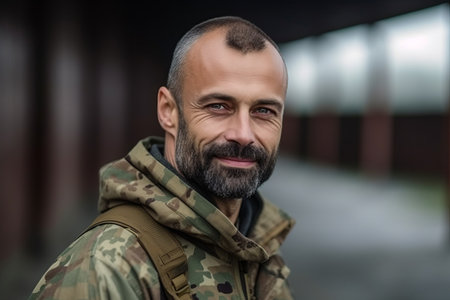 Portrait of a handsome bearded man in a military jacket outdoors.の素材