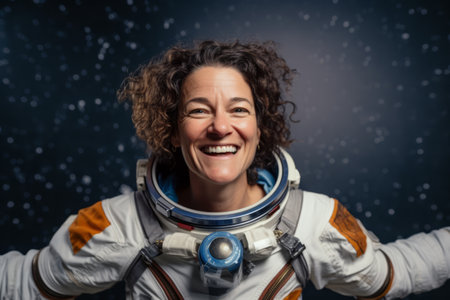 Portrait of a laughing woman in space suit against a dark backgroundの素材