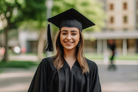 Portrait of a smiling female graduate in cap and gown looking at cameraの素材