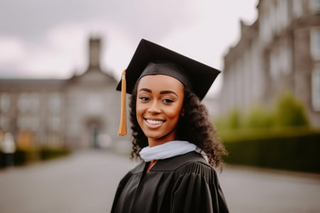 Portrait of a smiling african american young woman in graduation gown and cap on campusの素材