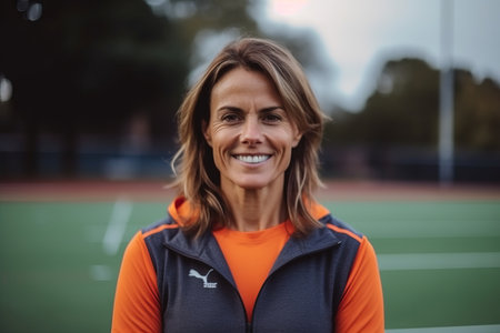 Portrait of sportswoman smiling at camera while standing on sports fieldの素材