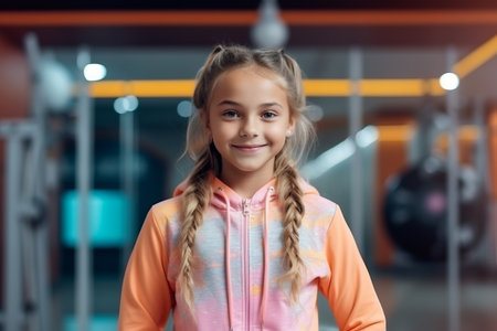 smiling little girl in sportswear looking at camera in gymの素材