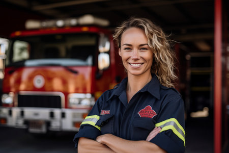 Portrait of smiling firefighter standing with arms crossed in fire engine stationの素材