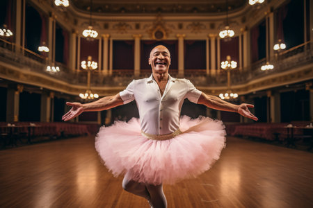 Portrait of a happy male ballerina in a pink tutu dancing in a theaterの素材