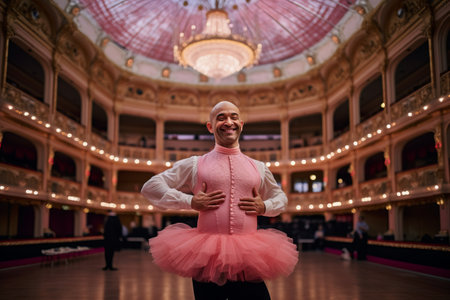 Passionate man in a pink tutu posing in the dance hallの素材
