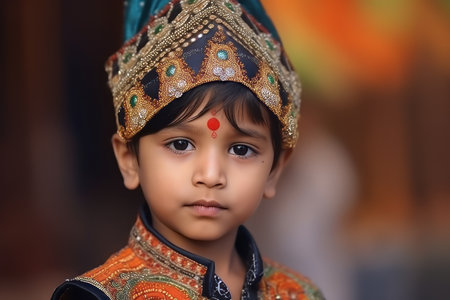Indian little girl in traditional costume, selective focus, shallow DOF.の素材