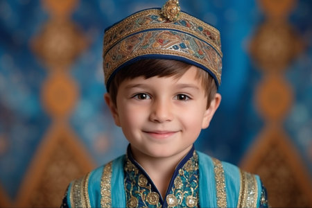 Portrait of a little boy in a turban on his headの素材