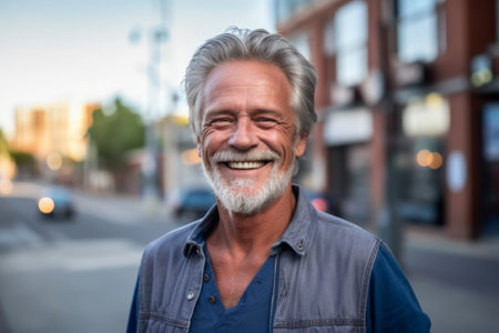 Portrait of happy senior man smiling at camera on a city streetの素材