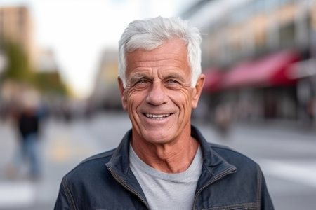 Portrait of senior man with gray hair smiling at camera in cityの素材