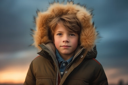 Portrait of a boy in a warm coat against the background of a winter landscapeの素材