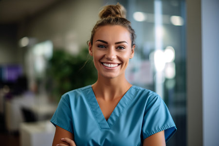 Portrait of smiling nurse standing in hospital corridor. Smiling nurse.の素材