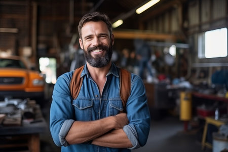 Portrait of smiling male mechanic standing with arms crossed in auto repair shopの素材