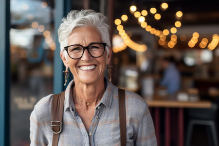 Portrait of smiling senior woman in eyeglasses standing in cafeの素材