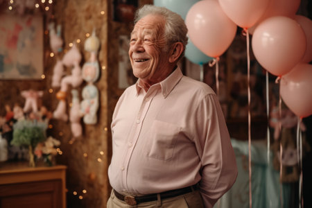 Portrait of a happy senior man with balloons in his living roomの素材