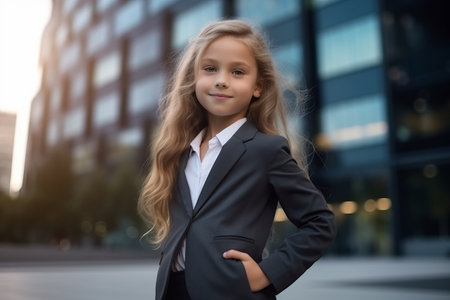 Portrait of a cute little girl in a business suit in the cityの素材
