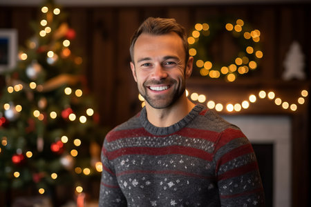 Portrait of handsome man standing in front of christmas tree at homeの素材