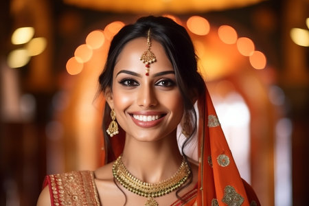 Beautiful indian woman in sari and jewelry smiling at cameraの素材