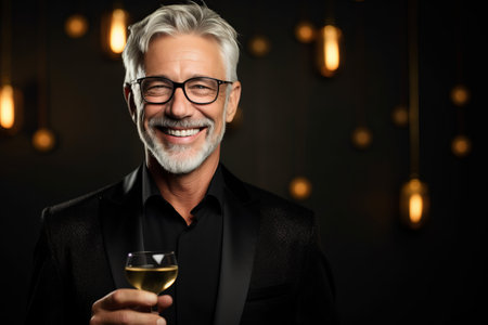 Handsome mature man with glass of wine on dark room backgroundの素材