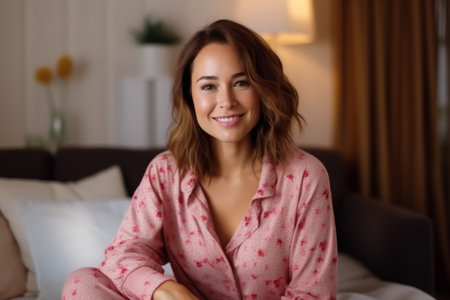 Smiling young woman in pajamas sitting on bed at homeの素材