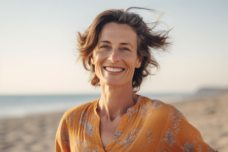 Portrait of beautiful middle aged woman smiling at camera on the beachの素材