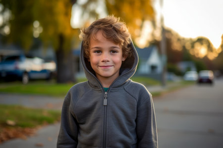 Portrait of a cute little boy in a hoodie at sunsetの素材