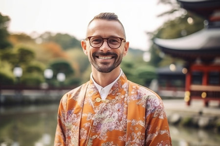 Handsome man in traditional japanese kimono and glassesの素材