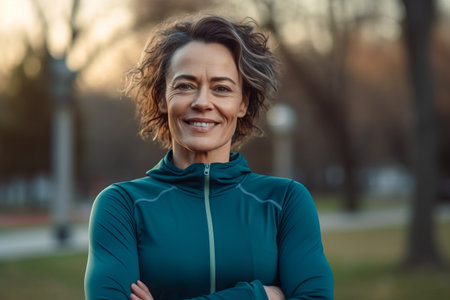 Portrait of a smiling woman in sportswear standing with her arms crossed in the parkの素材