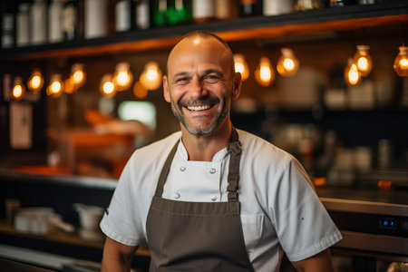 Portrait of happy mature man in apron smiling at camera in a cafeの素材