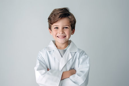 portrait of smiling boy in lab coat looking at camera isolated on grayの素材