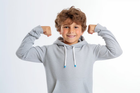 Portrait of happy little boy in gray hoodie showing biceps on white backgroundの素材