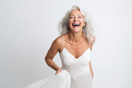 Portrait of happy mature woman in white wedding dress laughing over white backgroundの素材