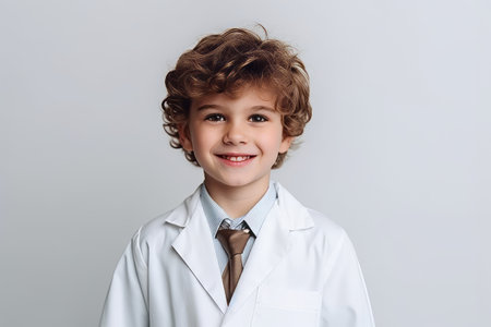 portrait of smiling little boy in lab coat looking at camera isolated on grayの素材