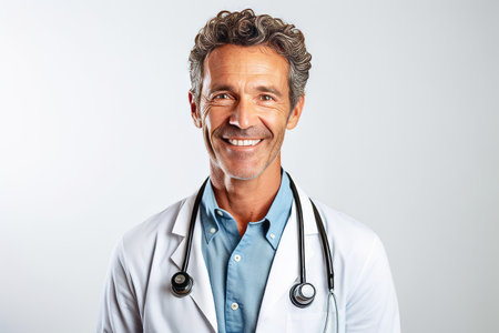 Portrait of a smiling doctor with stethoscope on gray backgroundの素材