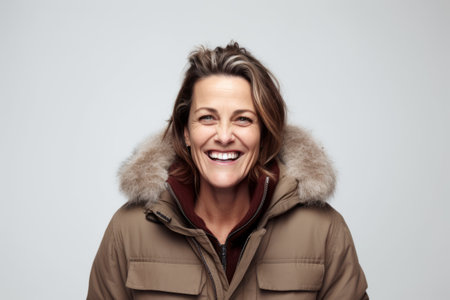 Portrait of a smiling woman in winter jacket isolated on a white backgroundの素材