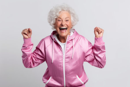 Portrait of happy senior woman in pink sportswear looking at camera and laughingの素材