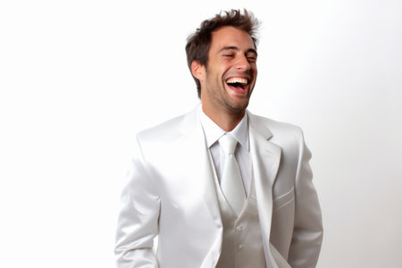 Portrait of a happy young business man laughing against white background.の素材