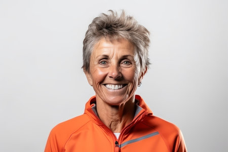 Portrait of smiling senior woman in orange jacket on white background.の素材