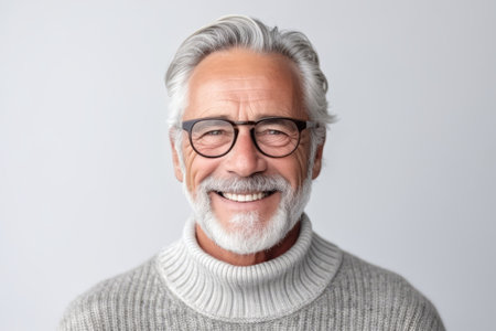 Portrait of smiling senior man in eyeglasses on white backgroundの素材
