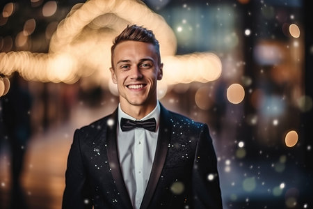 Handsome young man in tuxedo smiling at camera while standing in night cityの素材